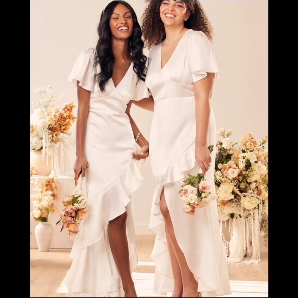 Lulus White Satin Ruffled Flutter Sleeve MaxiDress